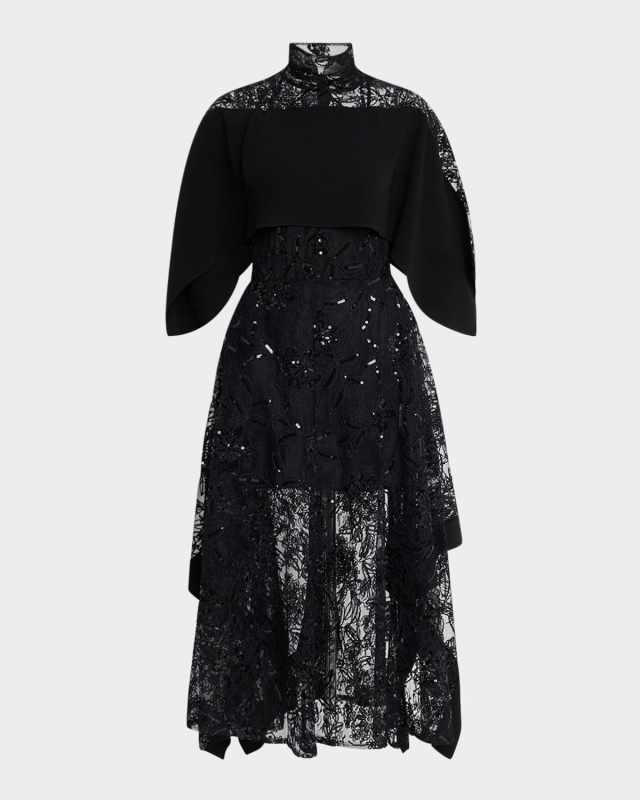 Sequined Lace Mock-Neck Flounce Dress